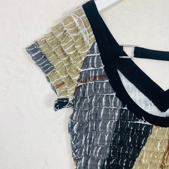 Frank Lyman Blk/Tan Ruffle Butterfly Short Sleeve Top V Neck/Scoop Back Wms Sz 6 - Picture 6 of 16